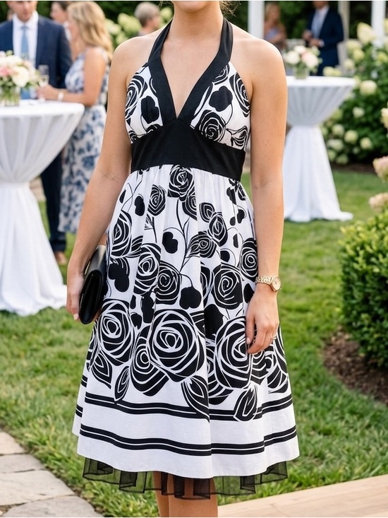 Speechless Dresses & Skirts - Chic Black and White Floral Halter Midi Dress